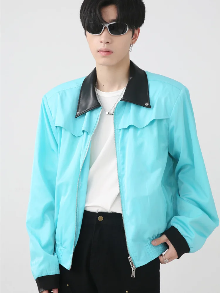 

SYUHGFA Men Clothing 2022 Autumn Korea Streetwear PU Leather Collar Patchwork Loose Coat Zipper Shoulder Pads Jackets
