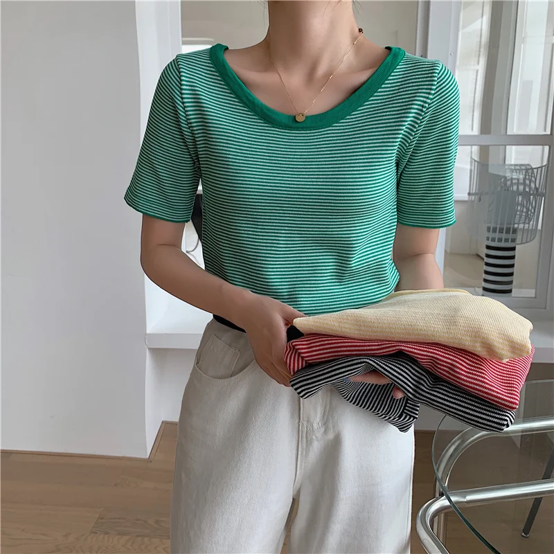 

2022 Women Striped Printed T-shirts Summer Clothes Y2K Short Sleeve O-neck Tops Tees Casual Slim T Shirt Ropa Mujer Female H138