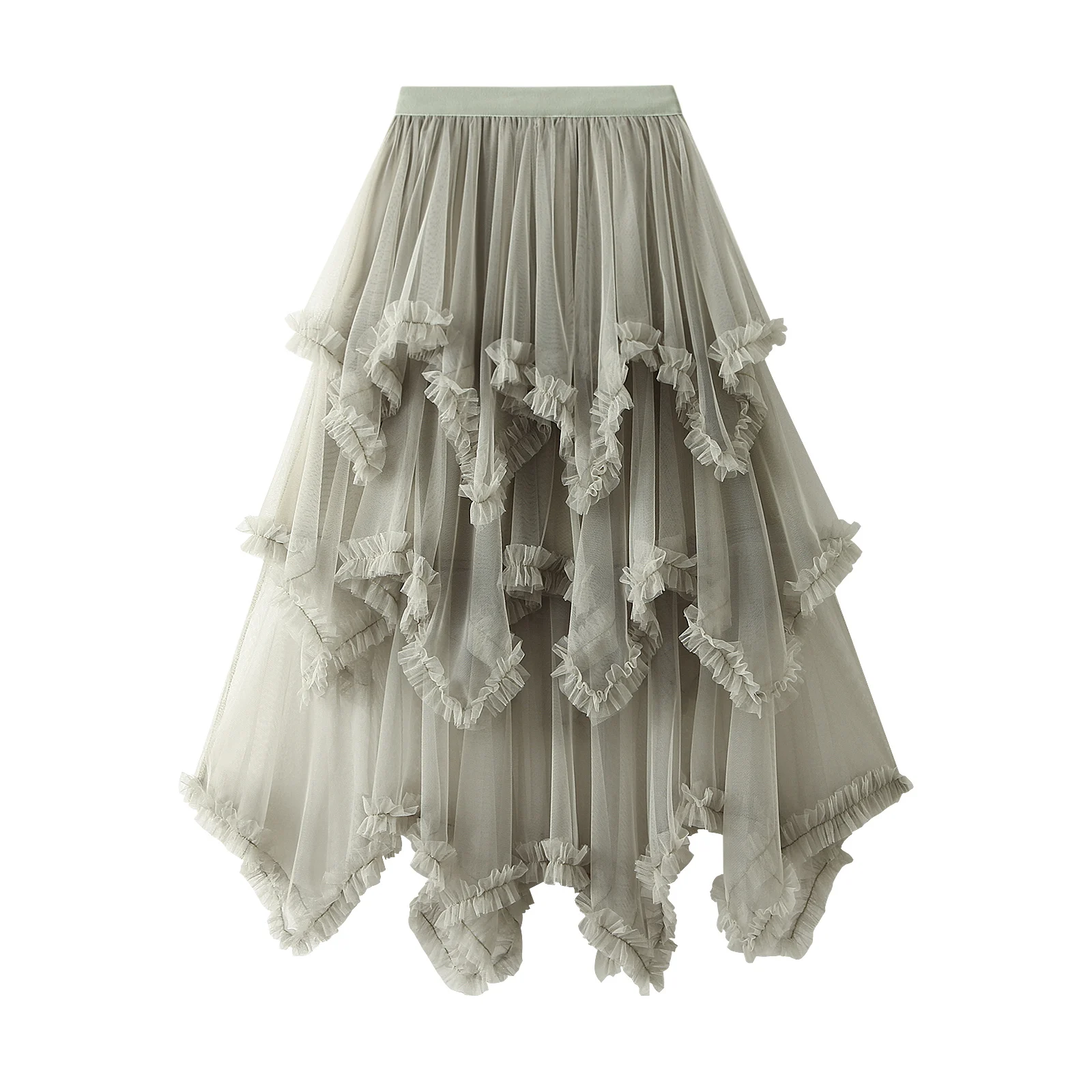 

Women Layered Tulle Fairy Long Skirt Fashion High Waist Solid Color Frill Trim Ruffle Midi Skirt Puffy Long Skirt