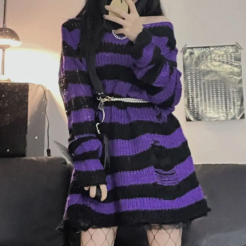 

Deeptown Y2k Striped Sweater Women Gothic Gyaru Hollow Out Mesh Knitted Jumper Grunge Knitwear Oversized Streetwear Pullover