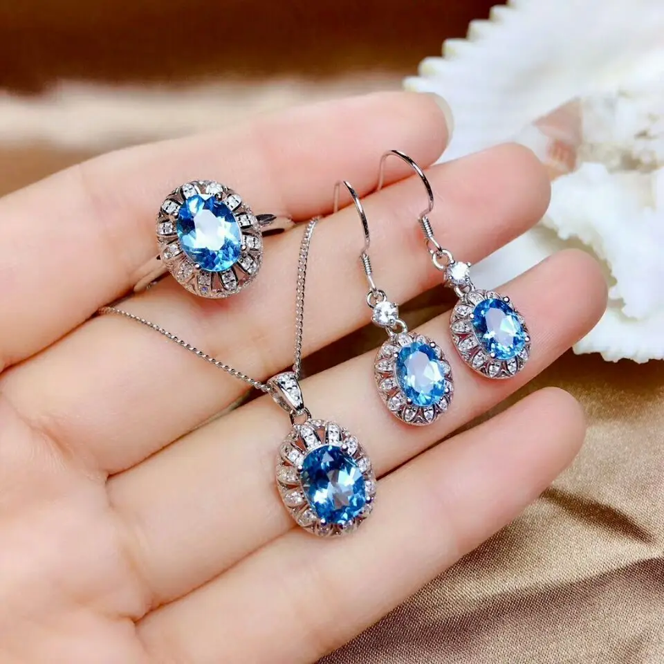 

MeiBaPJ Natural Swiss Blue Topaz Sun Flower Jewelry Set 925 Silver Ring Earrings Pendant Necklace Fine Wedding Jewelry for Women