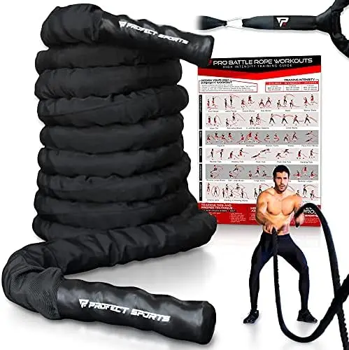 

Battle Ropes with Anchor Strap Kit and Exercise Poster \u2013 Upgraded Durable Protective Sleeve \u2013 100% Poly Dacron Heavy B