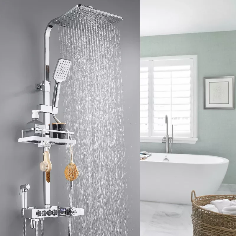 

Chrome Display Thermostatic Shower Faucet Set Rainfall Bathtub Tap With Bathroom Shelf Water Flow Produces Electricity