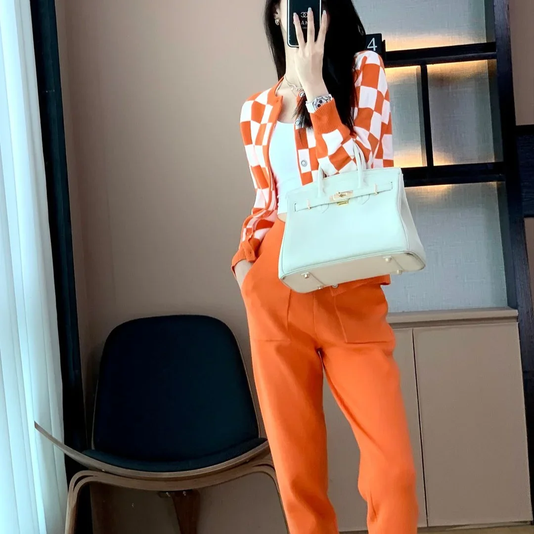 Мешковатые вязаные крючком женские брюки комплект из двух предметов оранжевый