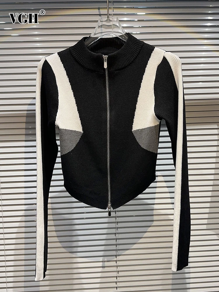 

VGH Slim Hit Color Casual Knitted Cardigans For Women Round Neck Long Sleeve Tunic Patchwork Zipper Loose Sweater Female Fashion
