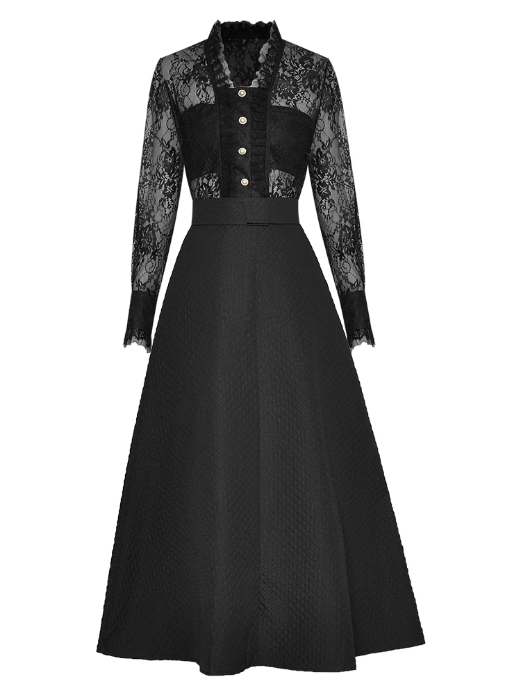 

Designers Spring New Fashion Sexy Lace Long Sleeves Tops Jacquard Skirt Casual Elegant Vintage High Quality Black Women's Sets