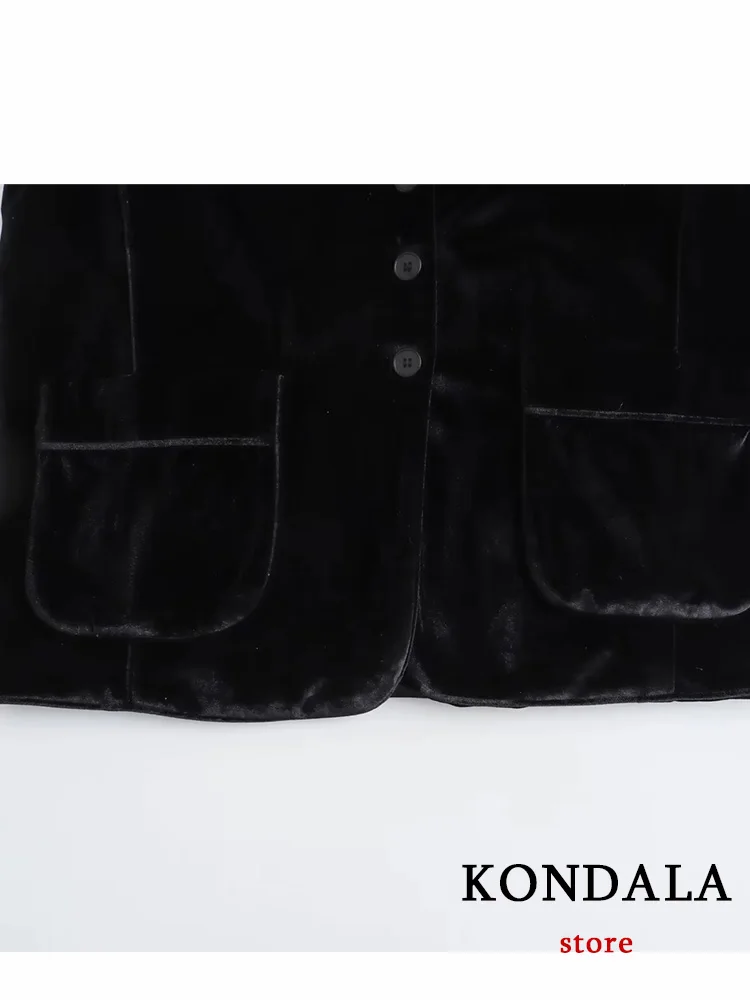 Винтажный шикарный женский бархатный блейзер KONDALA черный однотонный с V-образным