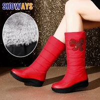 2022 winter women mid calf snow boots waterproof red black down wedge platform heels slip on fur crystal bowtie lady half boots