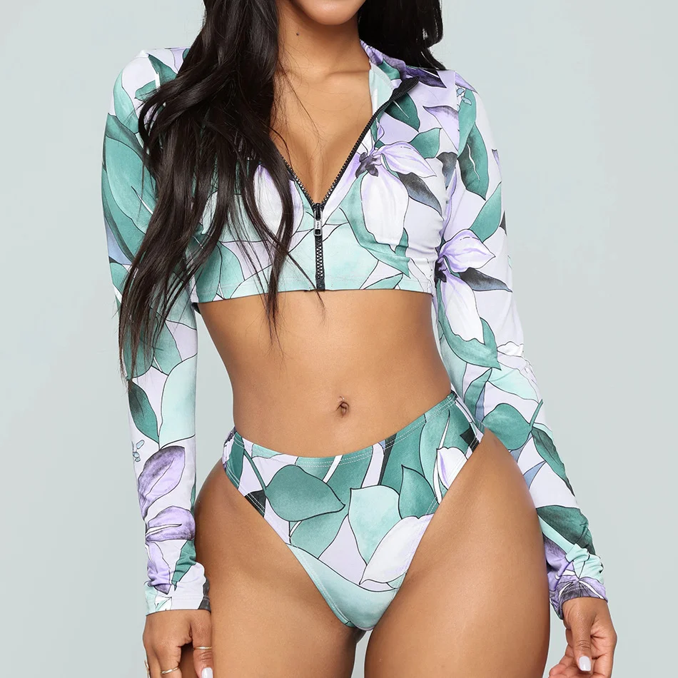 

Long Sleeve Swimsuit For Women Geometric Bikini Printing High Neck Zipper Swimwear Female High Waist Two Piece Swim Suits 2022