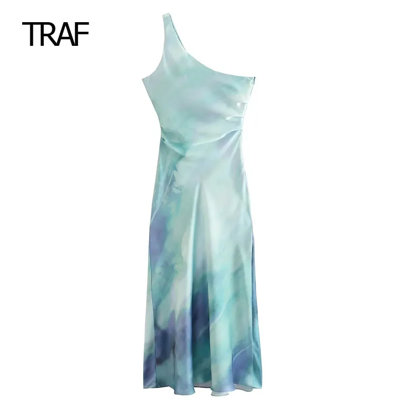 

TRAF Asymmetric Tie Dye Dress Womens Dresses 2023 Summer Ruffle Satin Sleeveless Wrap Dress For Women Luxury Party Dress