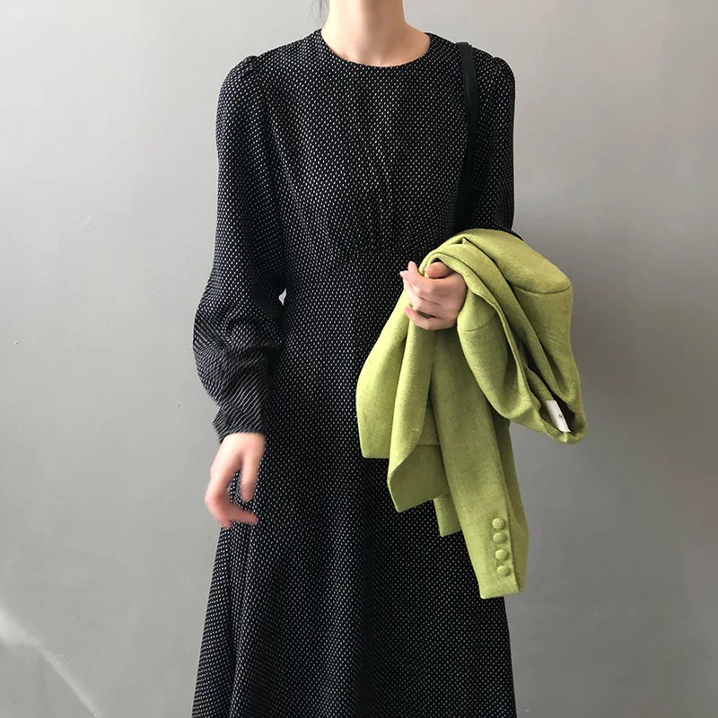 

SANGMAY Fashion French Style Small Wave Point Dress High Waist Round Neck Medium Length Skirt