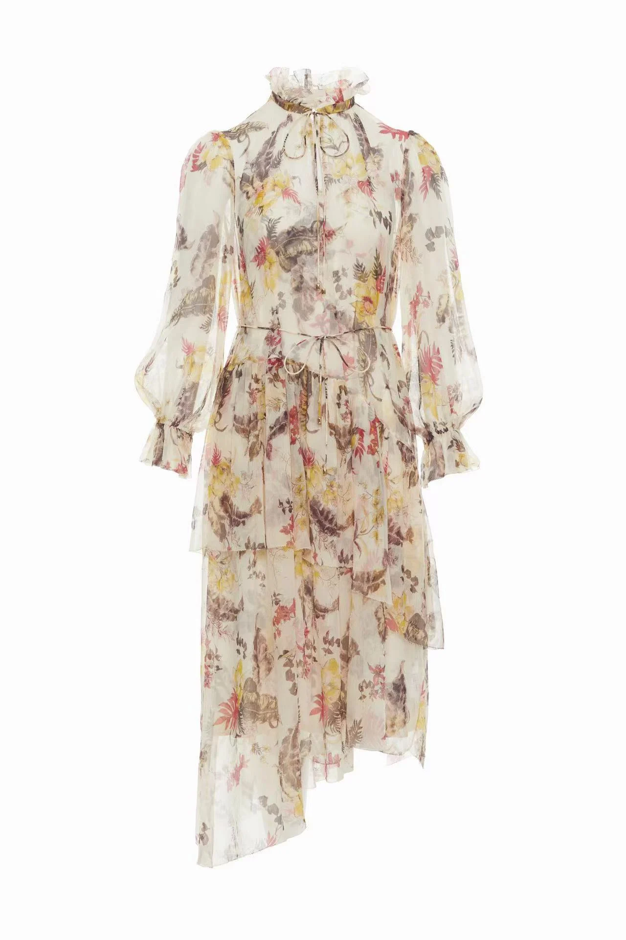 

2023 New Arrivals High Quality Floral Printing Asymmetrical Hem Collection Australian Design Long Sleeve Midi Dress