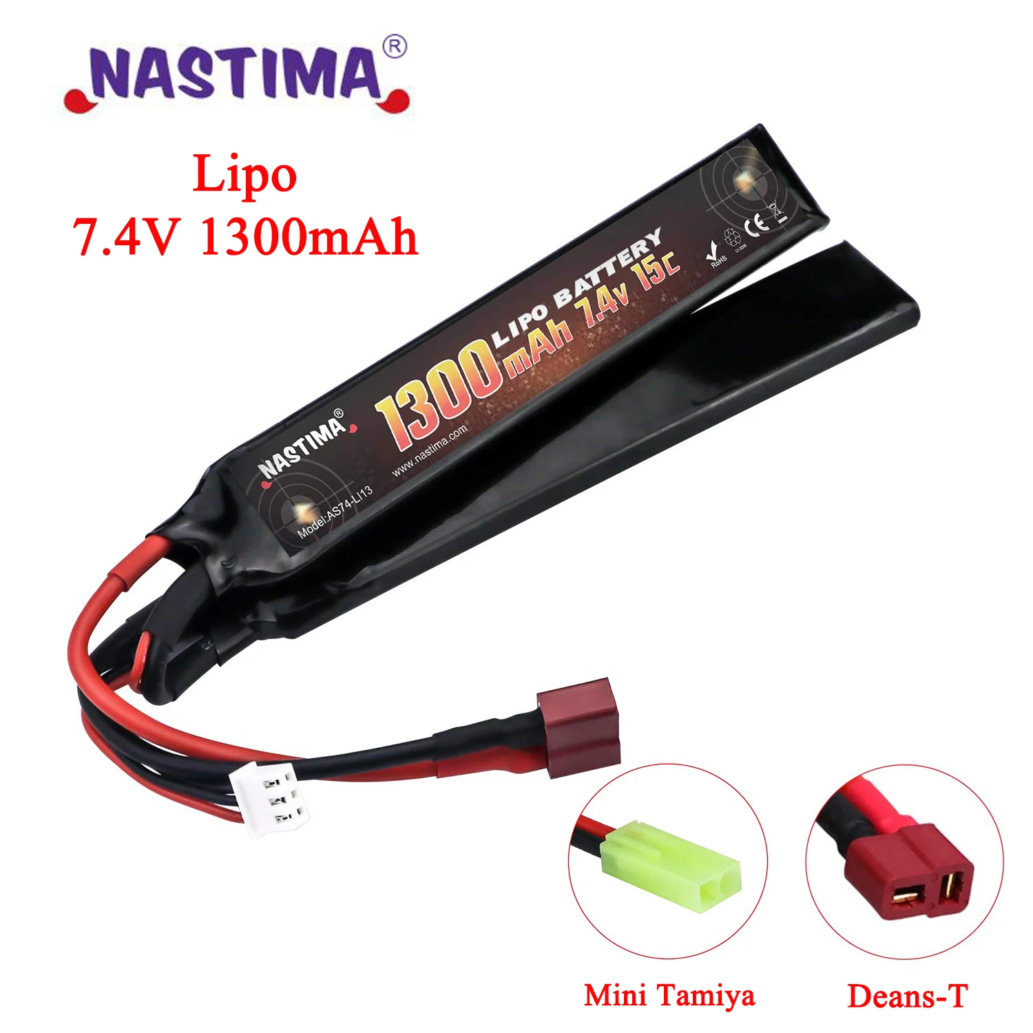 NASTIMA 7.4V 1300mAh Airsoft Lipo Battery, 2S 15C Nunchuck-style Battery Pack with Mini Tamiya/Deans-T Plug for Airsoft Guns