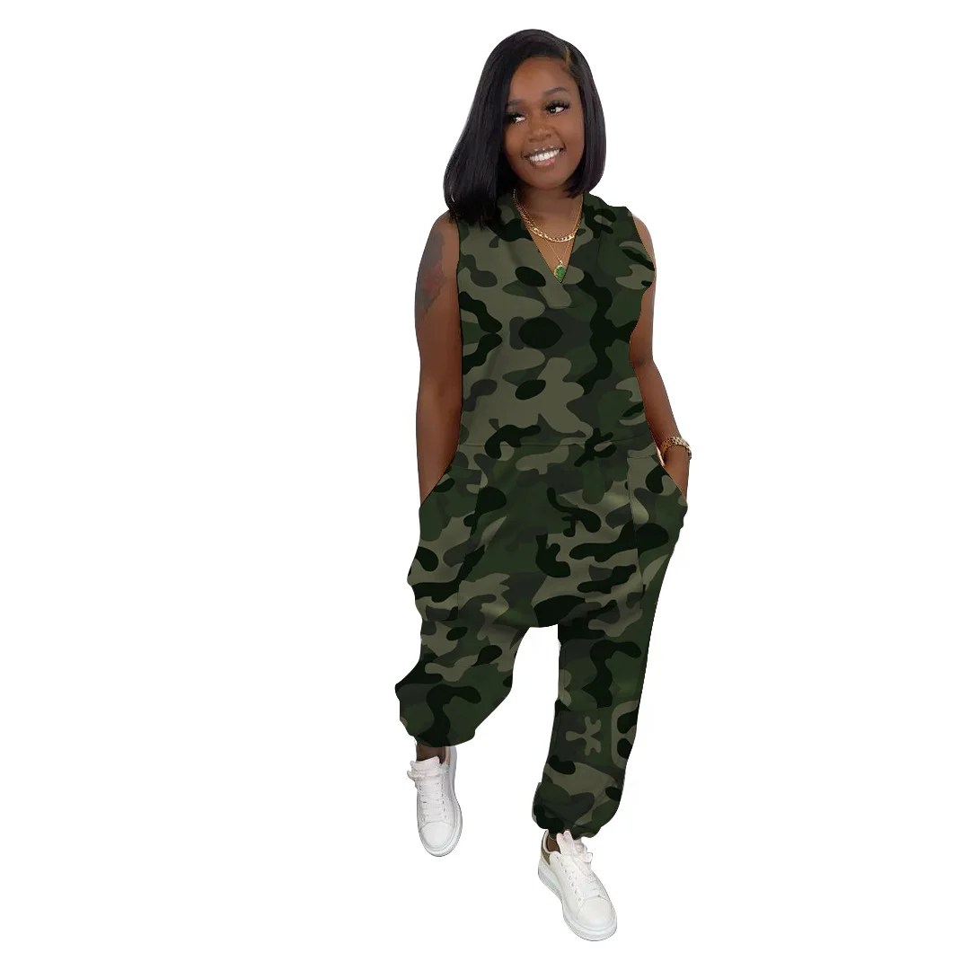 

Women Camouflage Summer V Neck Sleeveless Pocket Casual Romper Jumpsuit Long Pants Overalls Female Clothing