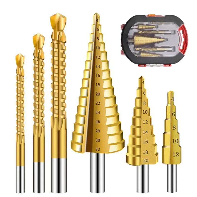 

3-12mm 4-12mm 4-20mm Drill Bit HSS Straight Groove Step Drill Bit Set Titanium Coated Wood Metal Hole Cutter Core Drill Bit Set