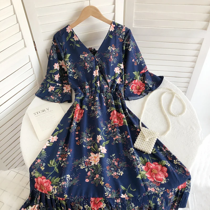 Gaganight женское платье с V-образным вырезом принтом и рукавом-колокольчиком Новинка