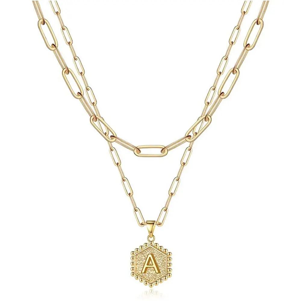 

Dainty Layered Initial Necklace for Women Super Cute Hexagon Letter Pendant Choker Necklace Girl Trendy Chain Dropshipping