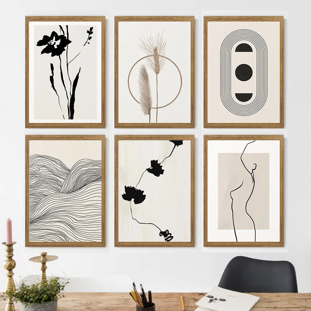 

Boho Minimalist Lines Posters and Prints Beige Black Canvas Painting Wall Art Pictures Abstract Bedroom Living Room Home Decor