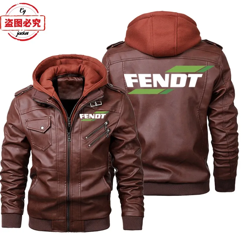Fente tractor LOGO work clothes retro washed pu leather jacket windproof men's zipper hooded team