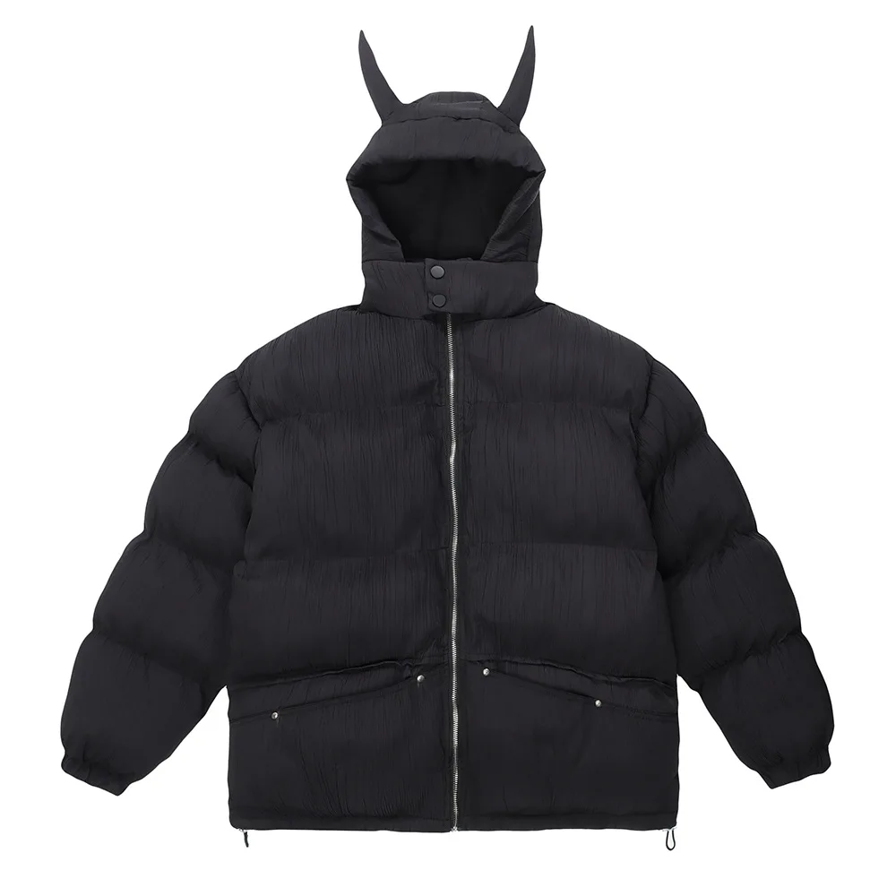 Y2k Devil Horn Thickened Parka Black Winter Men Women Ins Loose High Street Warm Zipper Hooded Cotton Coat Padded Jacket Clothes