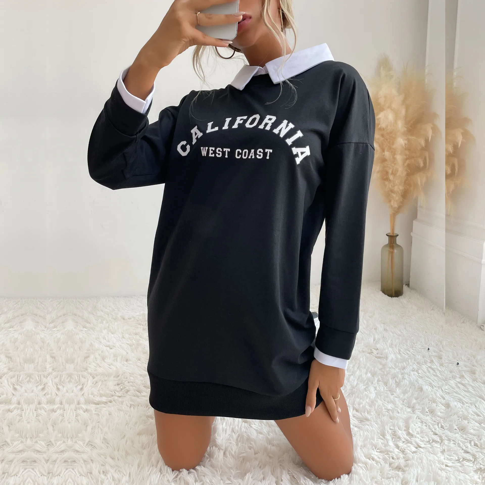 

Женское платье с капюшоном средней длины, хлопковый свитшот с принтом, куртка, Повседневный пуловер с длинным рукавом для осени и зимы, 2022