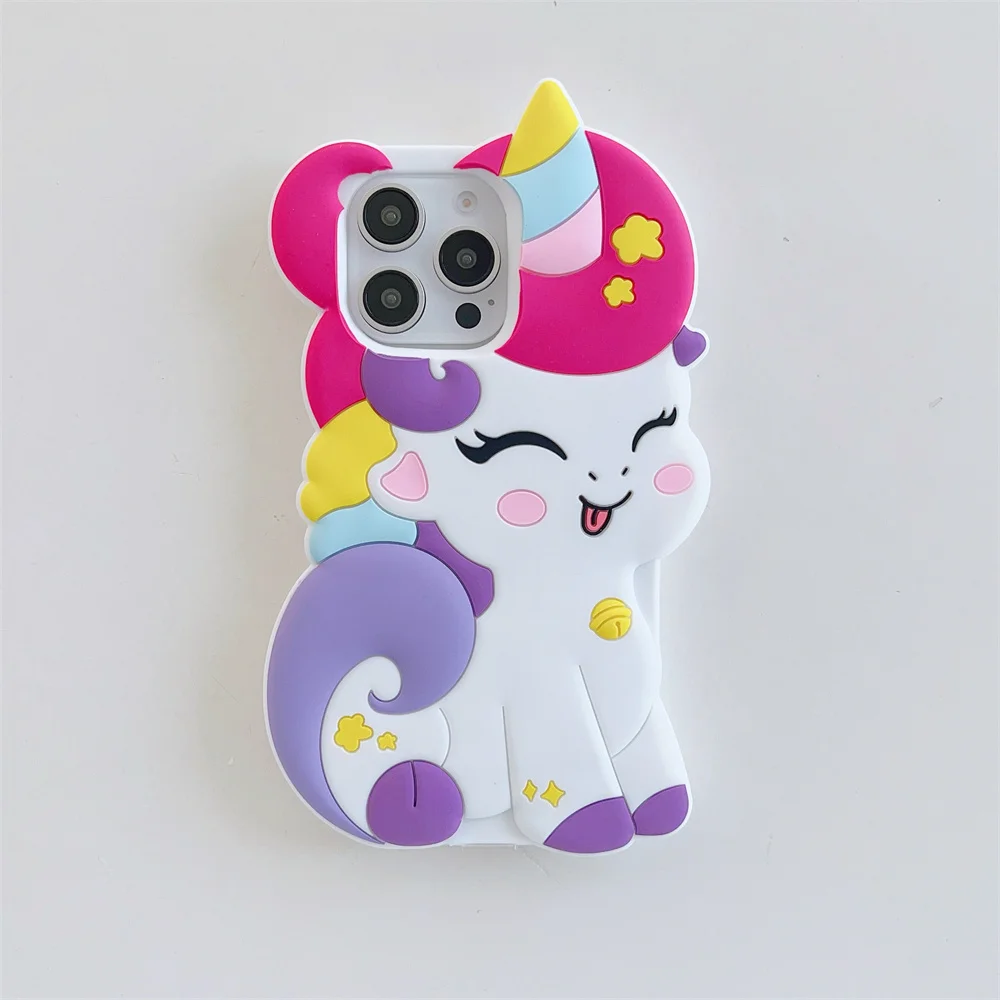 Cute 3D Cartoon Rainbow Unicorn Horse Case For iPhone 12 13 14 15 Pro Max Soft Silicone Anti Fall Cover Phone Cases