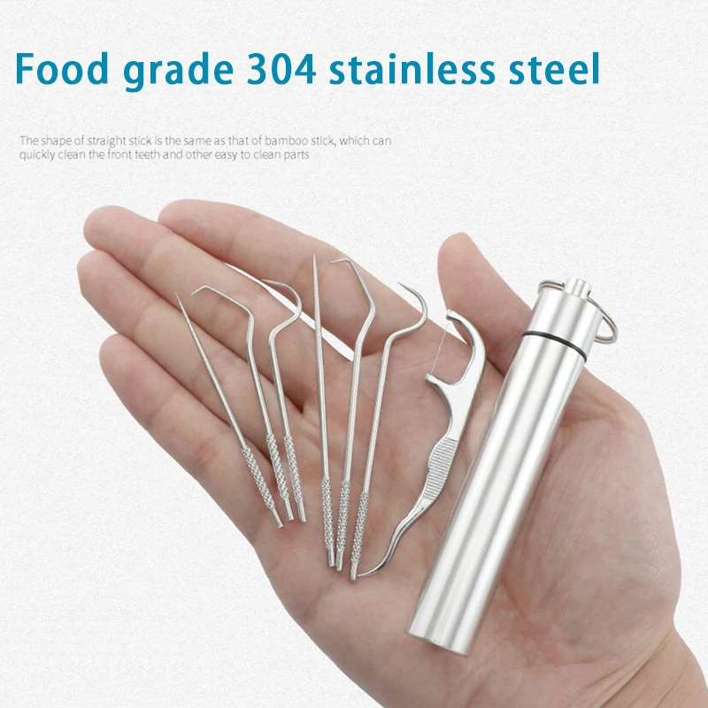 

7pcs/set Portable Toothpick Floss Teeth Cleaner Oral Cleaning Toothpick Set Reusable Tooth Flossing Stainless Steel Toothpicks