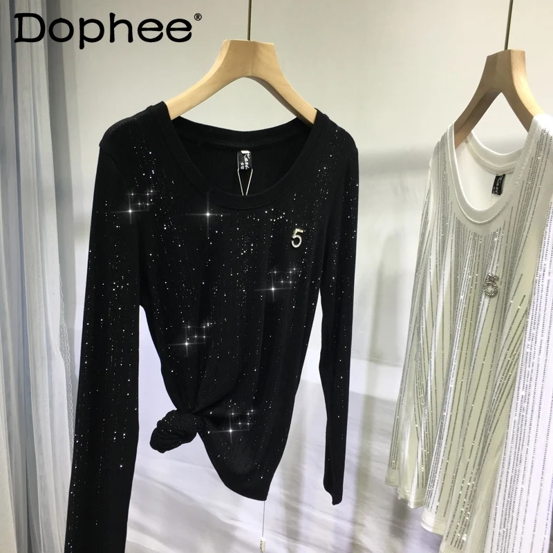 

Heavy Industry Rhinestone Bottoming Shirt Women 2022 Autumn New Round Neck Long Sleeves Black White Inner Outer Wear T-shirt Top