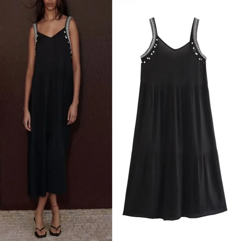 

Платье-миди с бахромой и V-образным вырезом, без рукавов