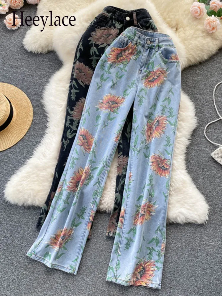 

Women Summer Vintage Floral Print Jeans Streetwear High Waist Straight Denim Pants For Women Y2K Girls Wide Leg Trousers