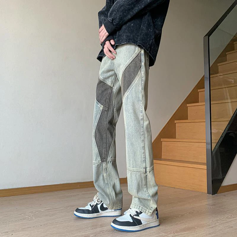 DEEPTOWN Blue Patchwork Jeans Men Loose Fashion Straight Denim Pants Casual Streetwear Trousers Male Vintage Hip Hop Spring