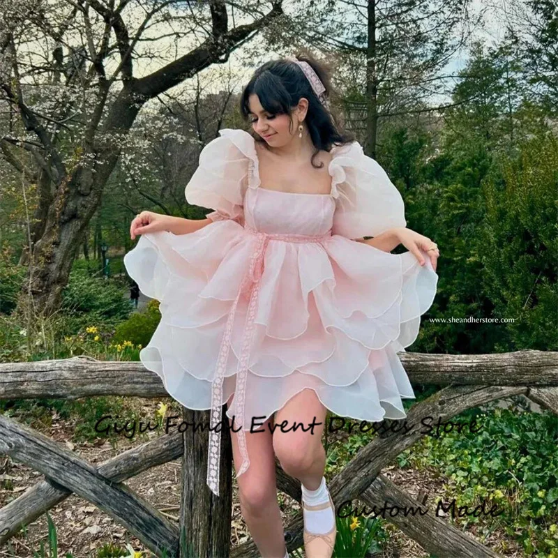 Милое розовое мини-платье Giyu с пышными рукавами для выпускного вечера женское