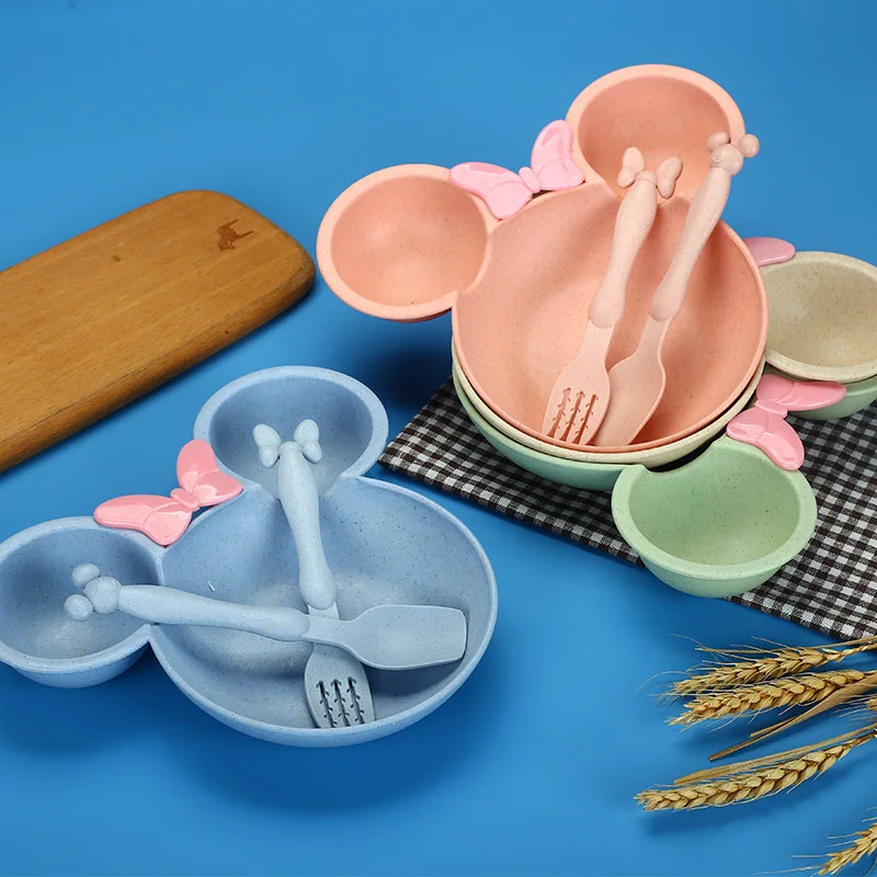 Cute Cartoon Baby Plate Bowl Spoon Fork Sets Wheat Straw Kids Children Tableware Feeding 0-6Y