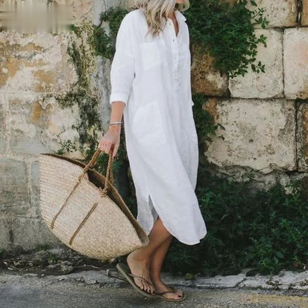 Повседневное платье-рубашка женское однотонное свободное платье с длинным