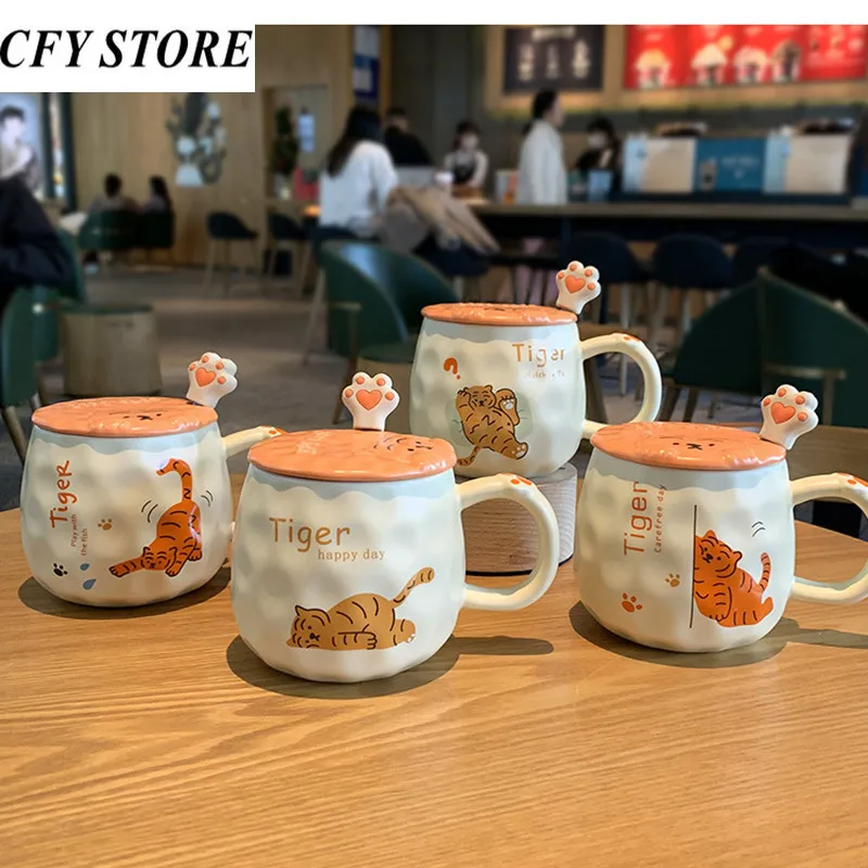 

400ml Creative Ceramic Mugs with Lid Spoons Cute Cartoon Ceramic Cup Home Coffee Mugs Breakfast Milk Juice Tea Cup Drinkware