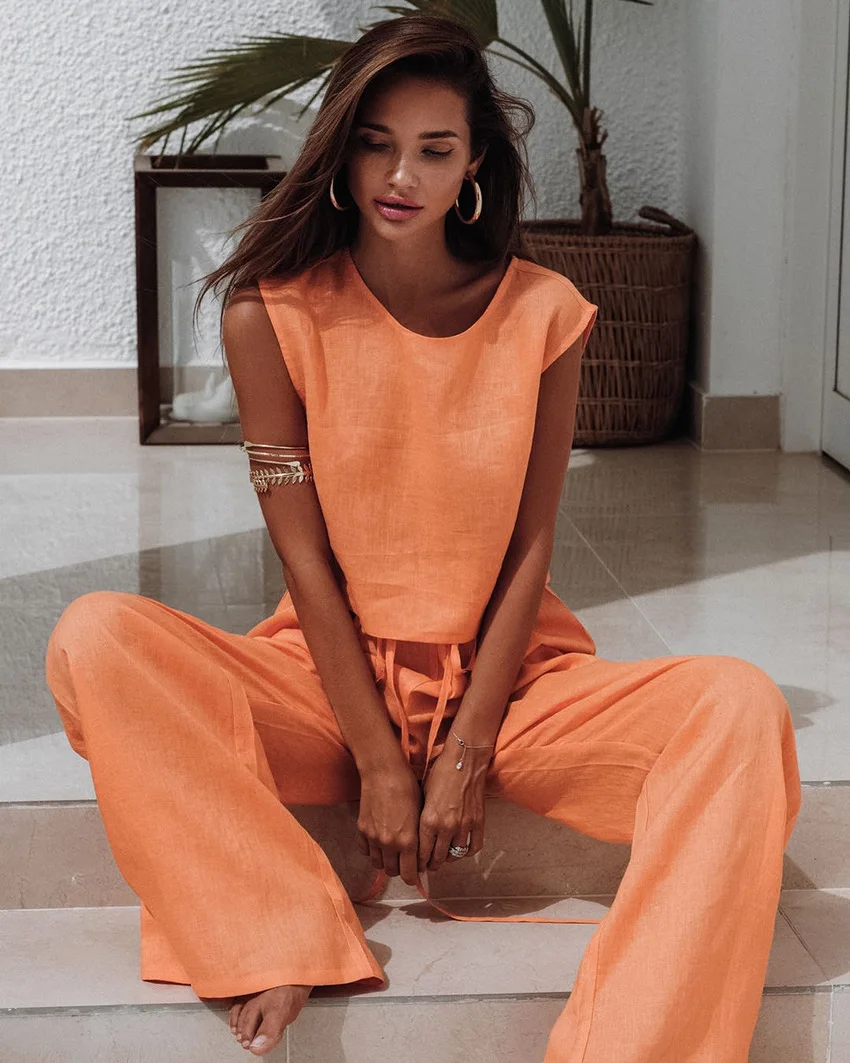 Cotton and Linen Vest Pajamas Sleeveless Loose Trousers Two-piece Fashion Outerwear Ladies Home Wear
