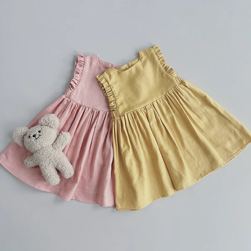 

Summer Ruffle Baby Girl Dresses Sleeveless Lined Cotton Solid Toddler Girl Dress Children Clothes Skirt Kids Fall Dress