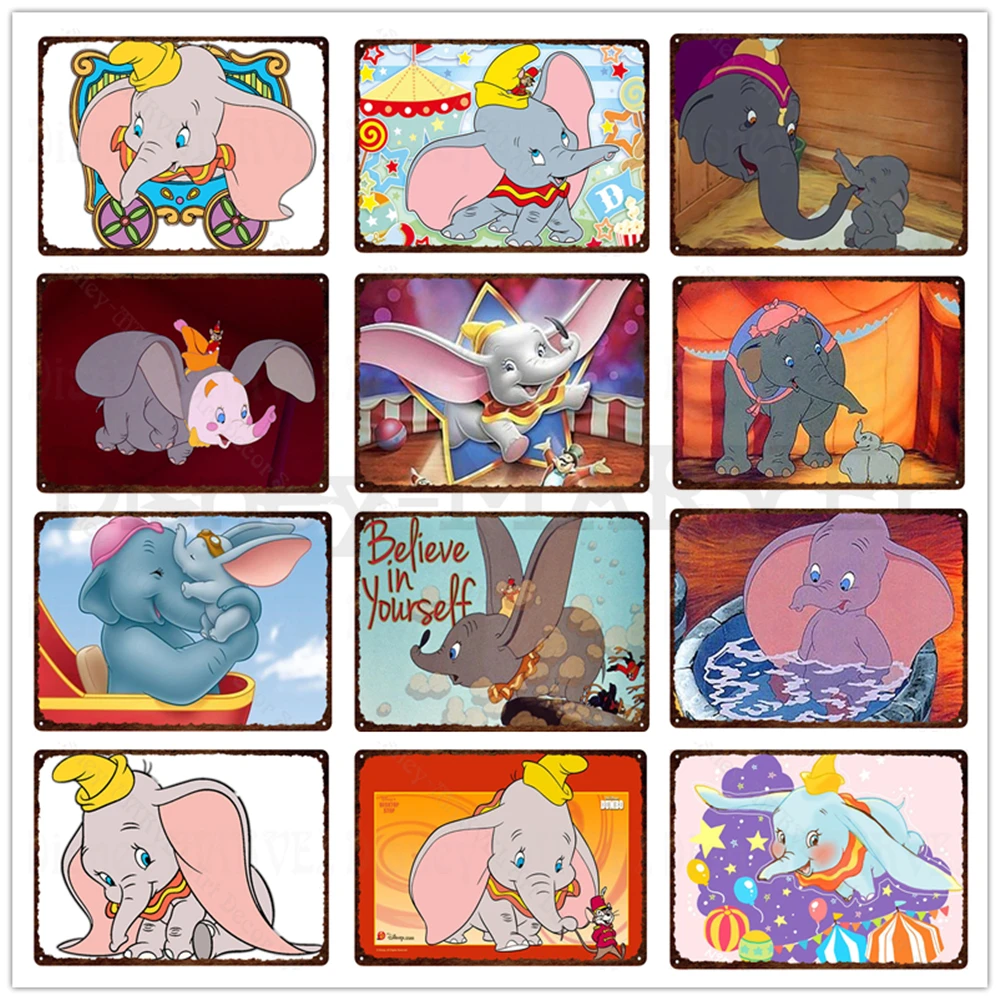 

Металлический постер «Дамбо» Disney, жестяные знаки с милым летающим слоном, Металлические Картины, наклейки на стену, украшение для дома