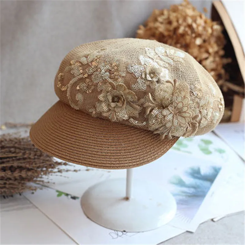 

202208-2508977 шикарный дропшиппинг независимый дизайн кружевные блестки трехмерные цветы Женская восьмиугольная шляпа женская кепка