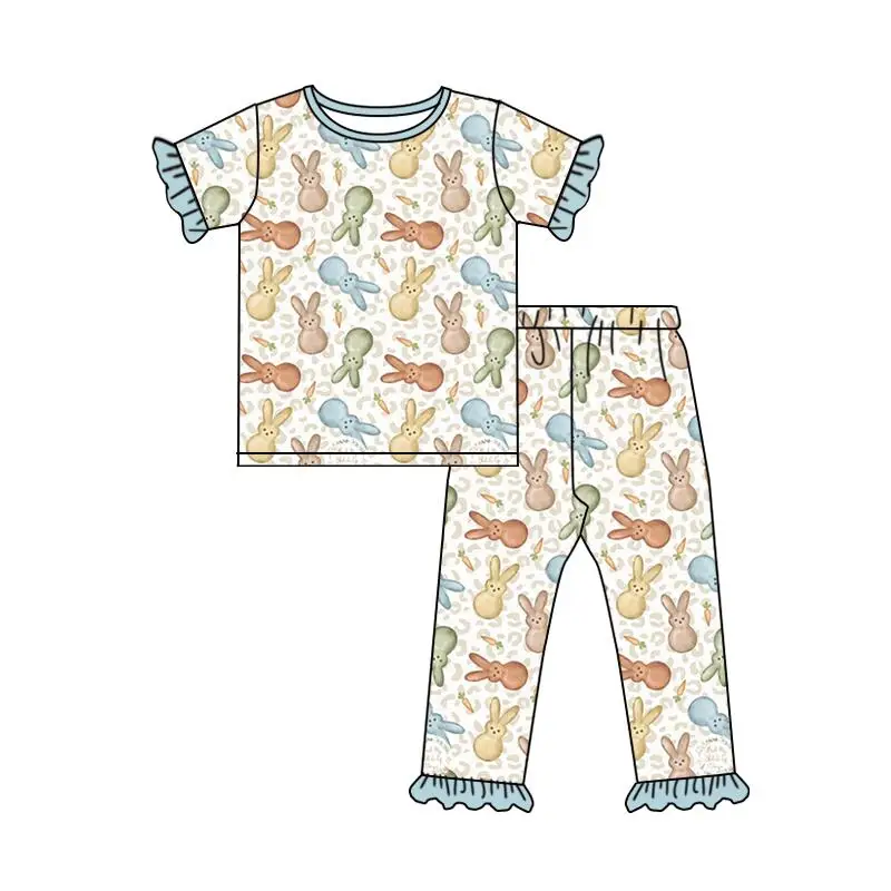 

Easter children's suit short-sleeved lace bunny print trousers girls boys short-sleeved pajamas suit baby jumpsuit shirt