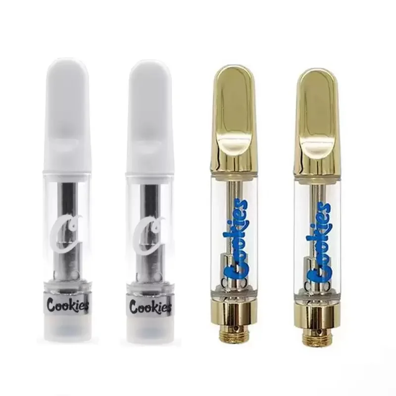 

10pcs Gold White Cookies Cartridges Atomizers 0.8ml 1.0ml Ceramic Coil Vape Carts 510 Thread Empty Glass Tank with Foam Package