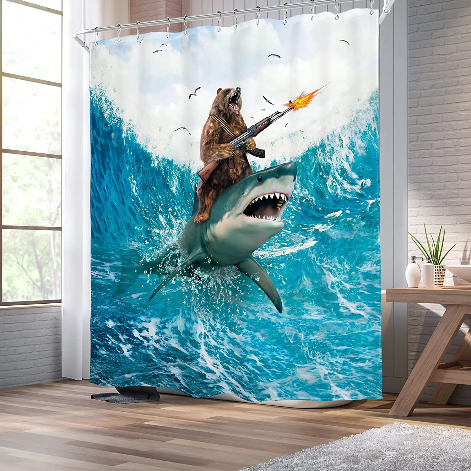 

Funny Bear Shark Shower Curtains Riding Surfing Cool Animal Blue Sea Waves Ocean Birds Polyester Fabric Bathroom Curtain Decor