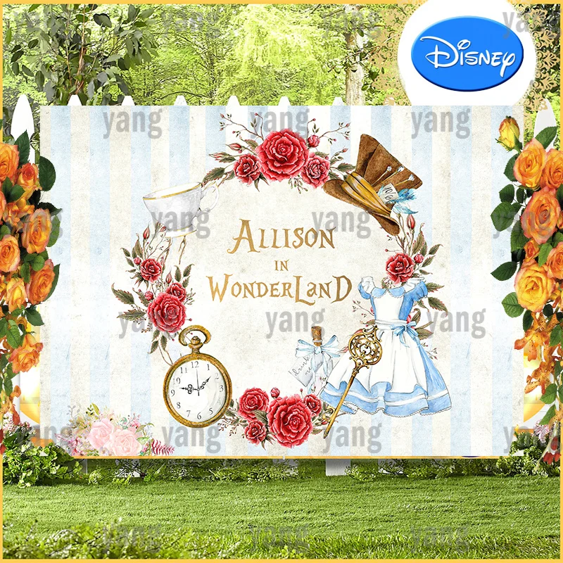 Cartoon Lovely Colorful Disney Alice In Wonderland Baby Birthday Party Decoration Yellow And Blue Backdrop Background Banner