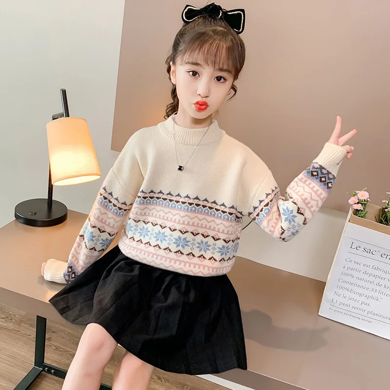 

Зимний свитер для девочек Новинка 2022 корейский стиль в западном стиле для детей и подростков с длинными рукавами зимняя осенняя одежда пуло...