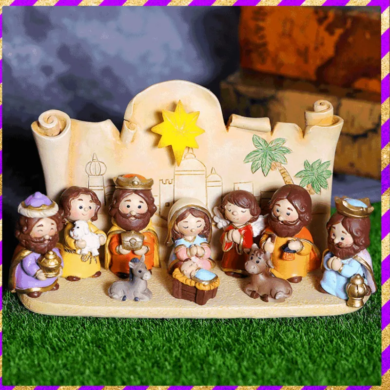 

10pcs Resin Holy Family Nativity Figurine Set Jesus Figurines Christmas Ornaments Decor Nativity Scene Set Tabletop Decoration