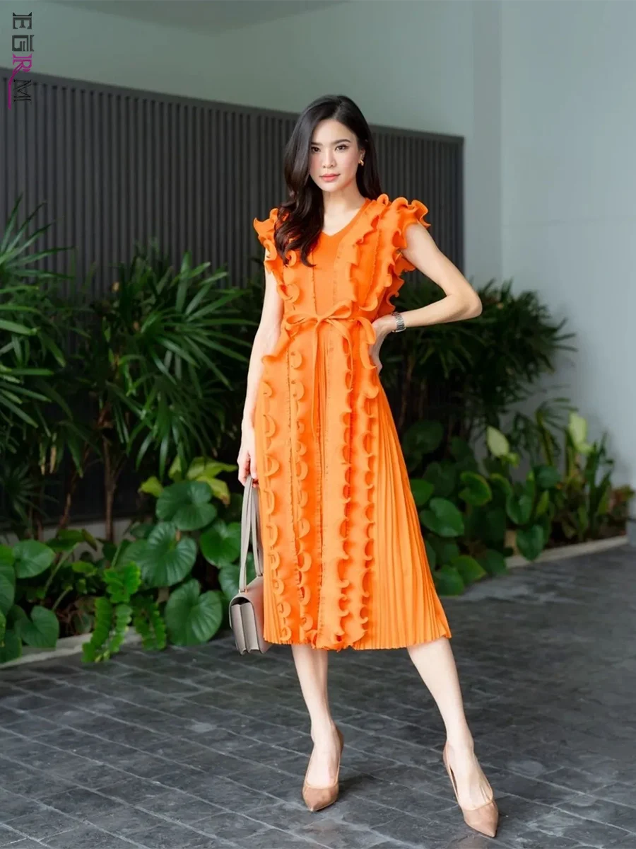 Женское плиссированное платье EGRM с оборками Новинка осени 2024 однотонные