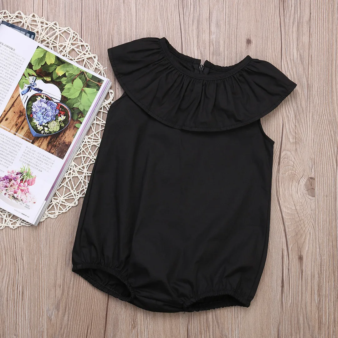 

Infant Baby Girls Rompers 2022 Summer Toddler Newborn Girls' Pure Black Ruffle Sleeve One-piece Climbing Clothes Baby Onesie