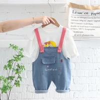 lzh 2022 children clothes new sweet girls printing long sleeve top button overalls sets for kids autumn casual outfits 1 4 years