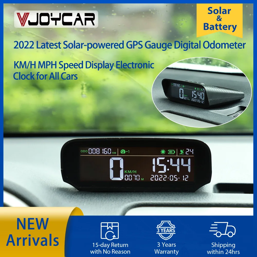 VJOYCAR S100 2022 Latest Solar-powered GPS Gauge Wireless HUD Display Digital Speedometer Odometer KM/H MPH  Clock for All Cars