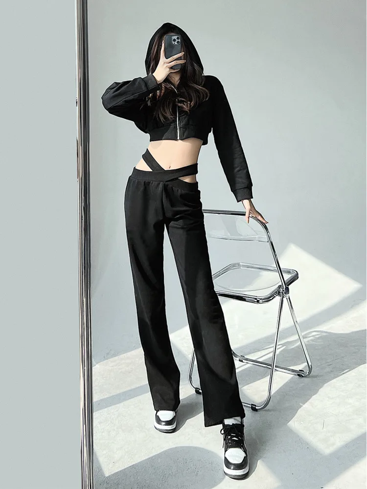 

WOMEGAGA High Street Hollow Cross Elastic Waist Casual Straight Pants Solid Color Loose Thin Fashion Women's Clothing 83NP